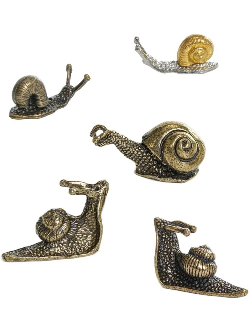 5Pcs Mini Brass Snail Statues - Antique Whimsical Cottagecore Decor for Home